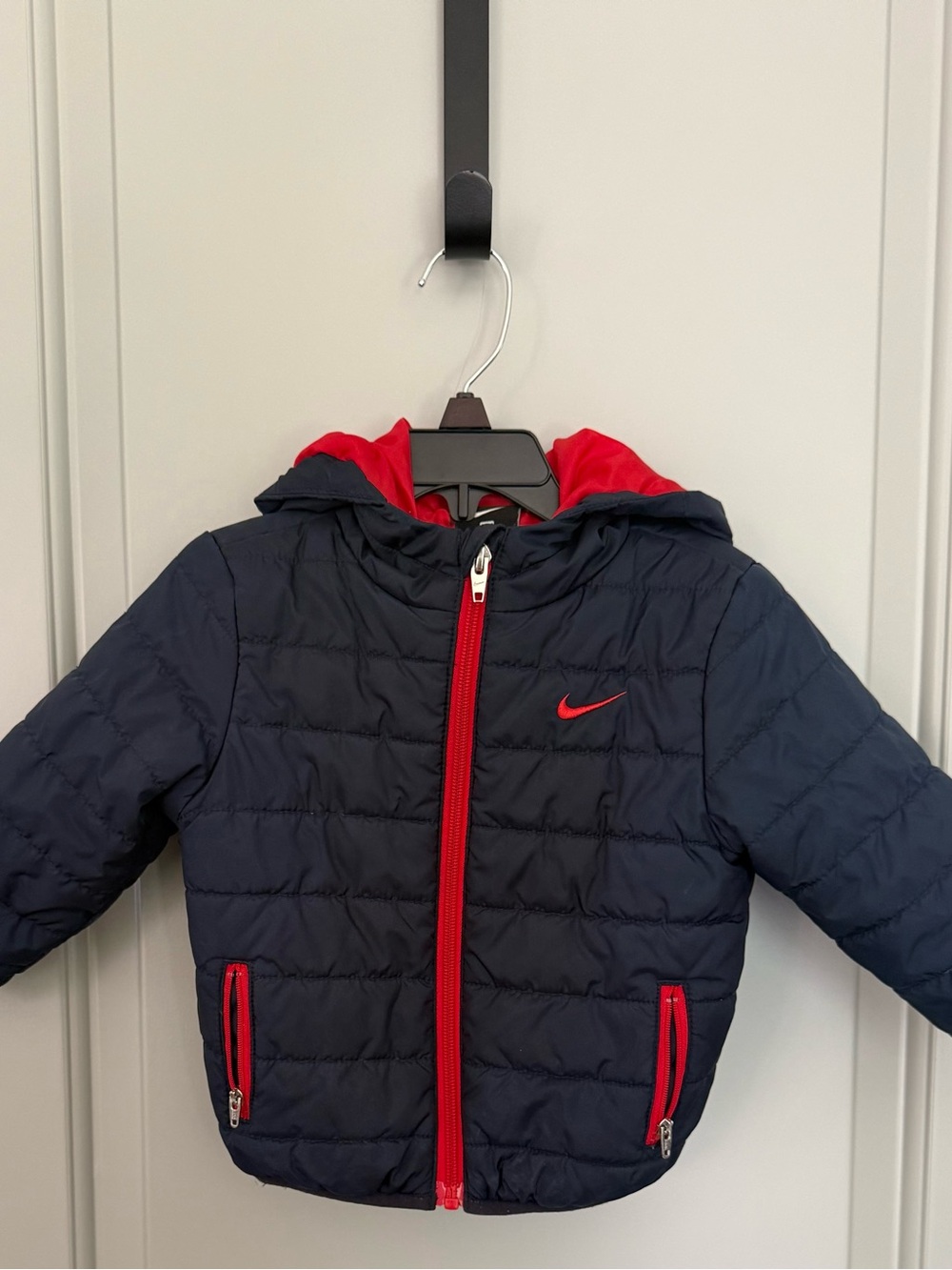 Nike Kids 18M Quilted Navy Puffer Jacket with Red Trim and Hood